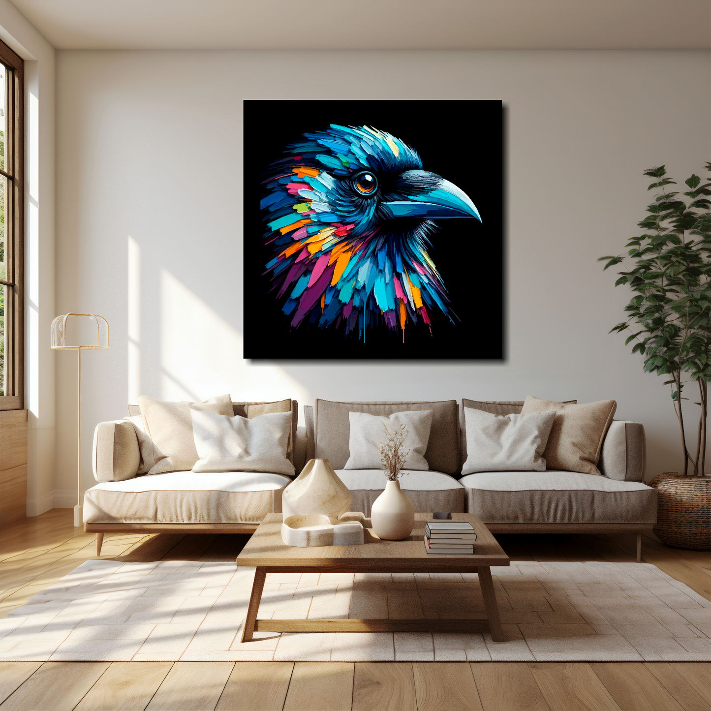 40 inch by 40 inch square canvas of a colourful Crow portrait on a black background. Mounted on a white wall above a cream sofa with decorative pillows.