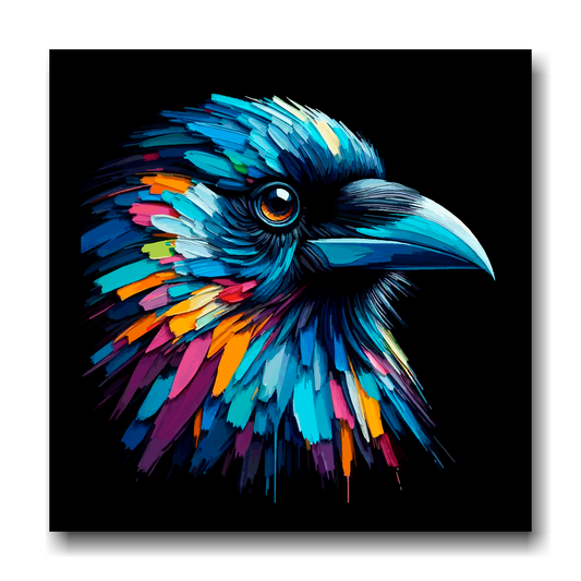 Large canvas wall art - A vibrant multi-coloured head portrait of a Crow. Available in 3 large sizes.