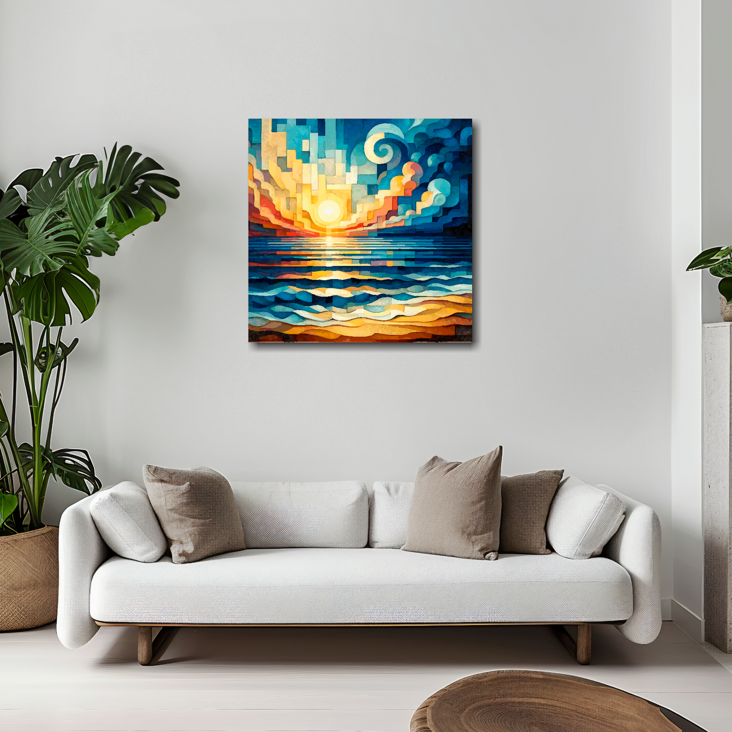 20 inch by 20 inch square canvas featuring a colourful cubism sunrise seascape. Mounted on a white wall above a white sofa with decorative pillows.