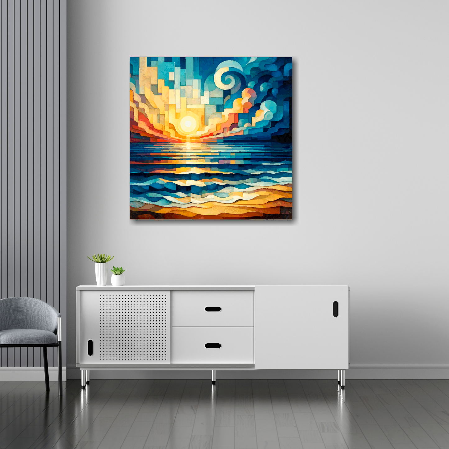 20 inch by 20 inch square canvas featuring a colourful cubism sunrise seascape. Mounted on a white wall above a white sideboard.