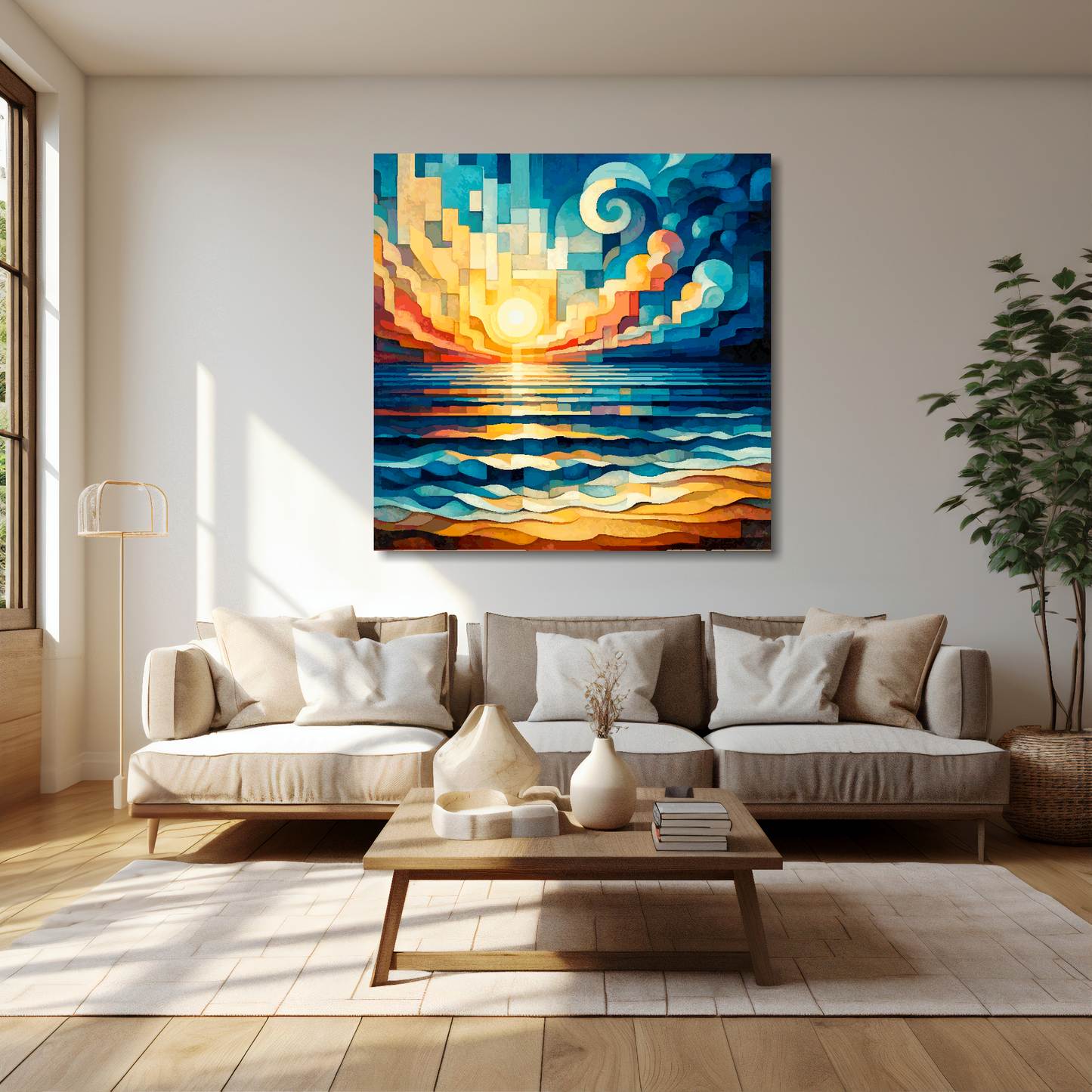 40 inch by 40 inch square canvas featuring a colourful cubism sunrise seascape. Mounted on a cream wall above a cream sofa with decorative pillows.