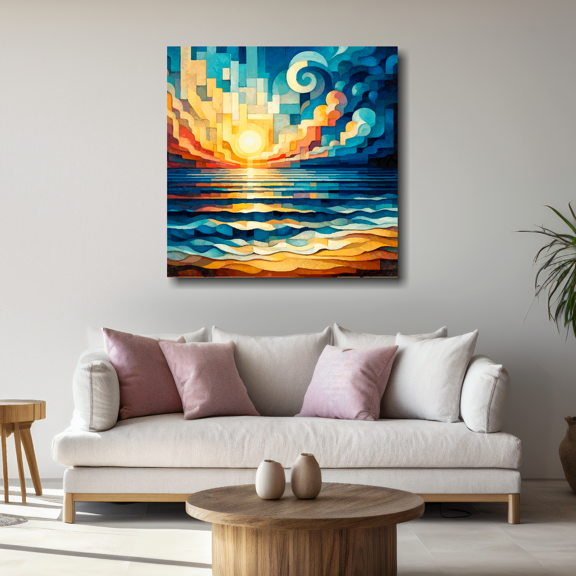 Large canvas wall art - Vibrant abstract cubism sunrise beach scene, moody vibes, Available in 3 large sizes.