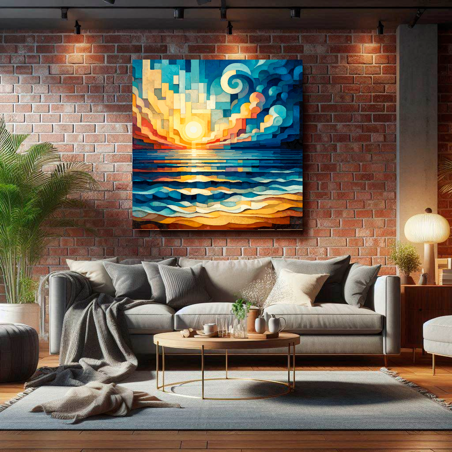Large canvas wall art - Vibrant abstract cubism sunrise beach scene, moody vibes, Available in 3 large sizes.