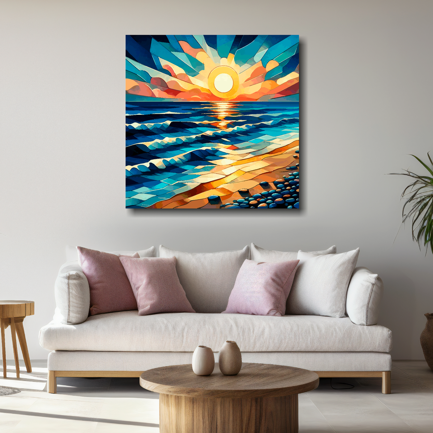 Large canvas wall art - Vibrant abstract cubism sunset beach scene, moody vibes, Available in 3 large sizes.