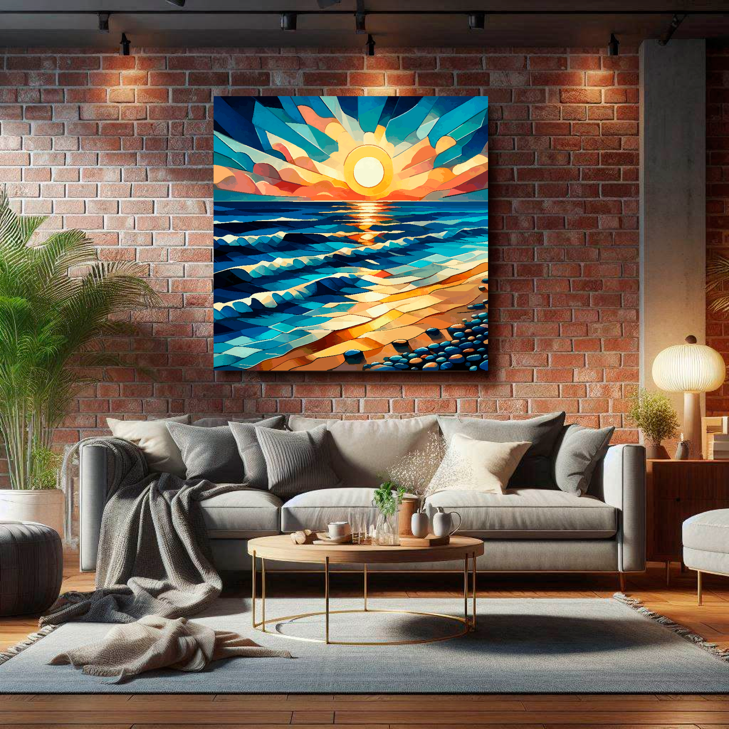 Large canvas wall art - Vibrant abstract cubism sunset beach scene, moody vibes, Available in 3 large sizes.