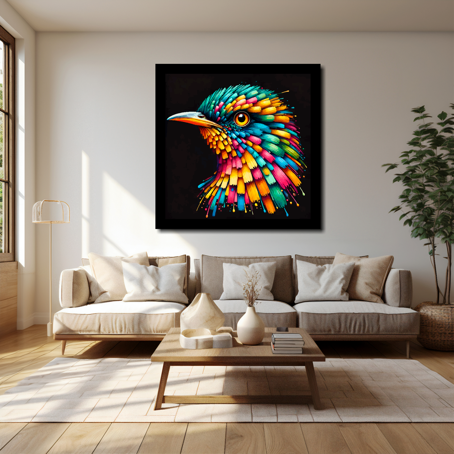 40 inch by 40 inch square canvas of a colourful Cuckoo portrait on a black background. Mounted on a white wall above a cream sofa with decorative pillows.