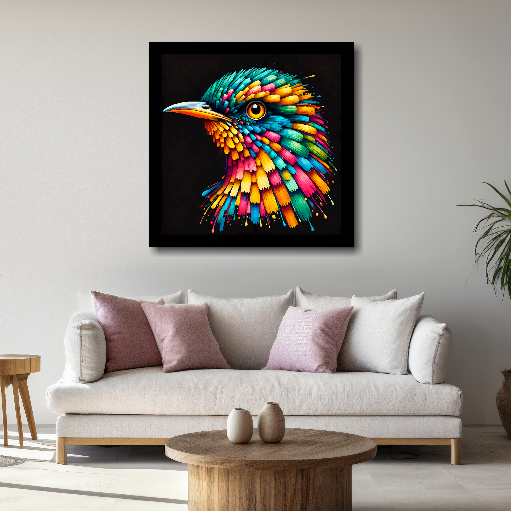 Large canvas wall art - A vibrant multi-coloured head portrait of a Cuckoo. Available in 3 large sizes.