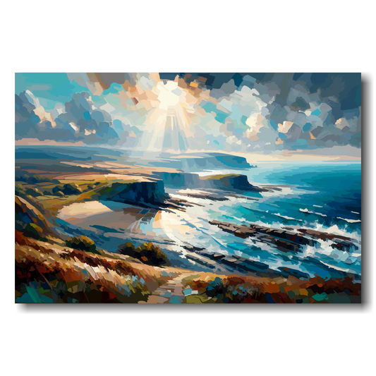 Painting of a coastal landscape with a sunbeam through clouds