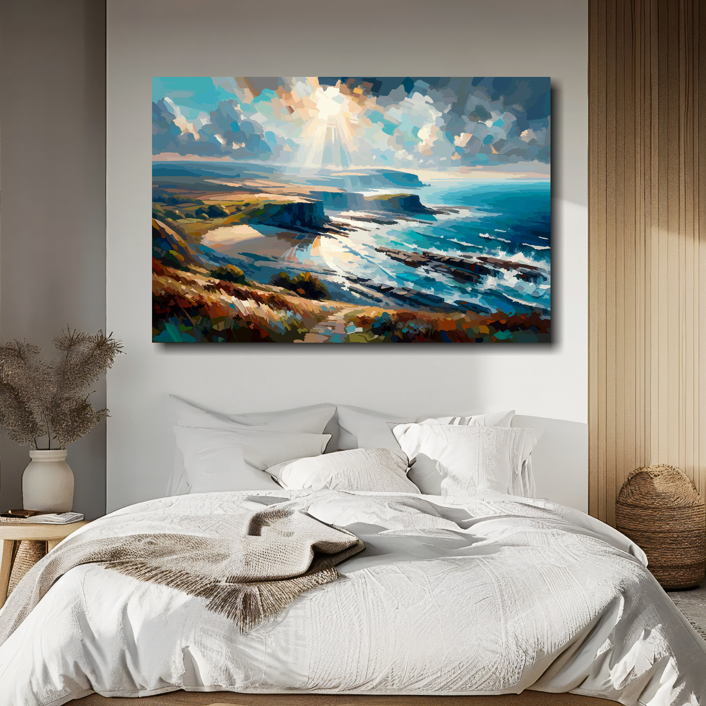 Painting of a coastal scene above a bed in a bedroom