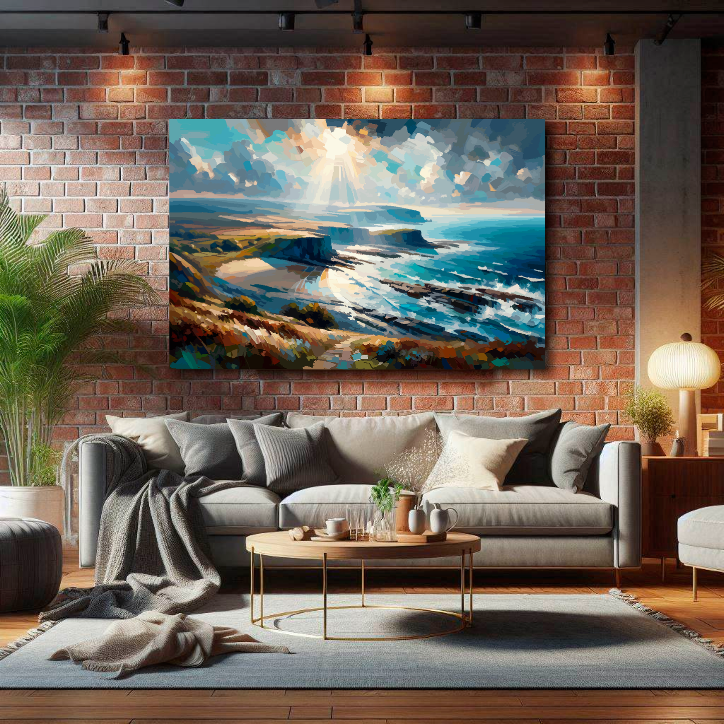 Living room with a gray sofa, coffee table, and a large painting of a coastal scene on a brick wall.