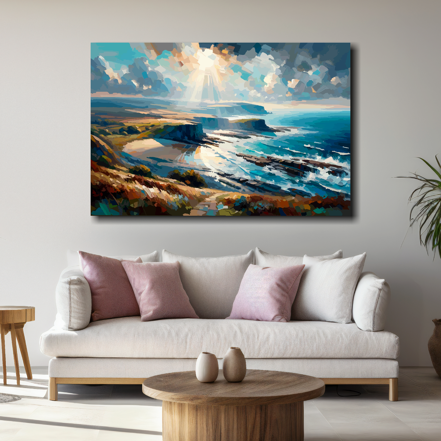 Painting of a coastal scene above a white sofa with pink and gray cushions in a living room.