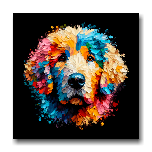 Large canvas wall art - A vibrant multi-coloured head portrait of a Curly Coated Retriever. Available in 3 large sizes.