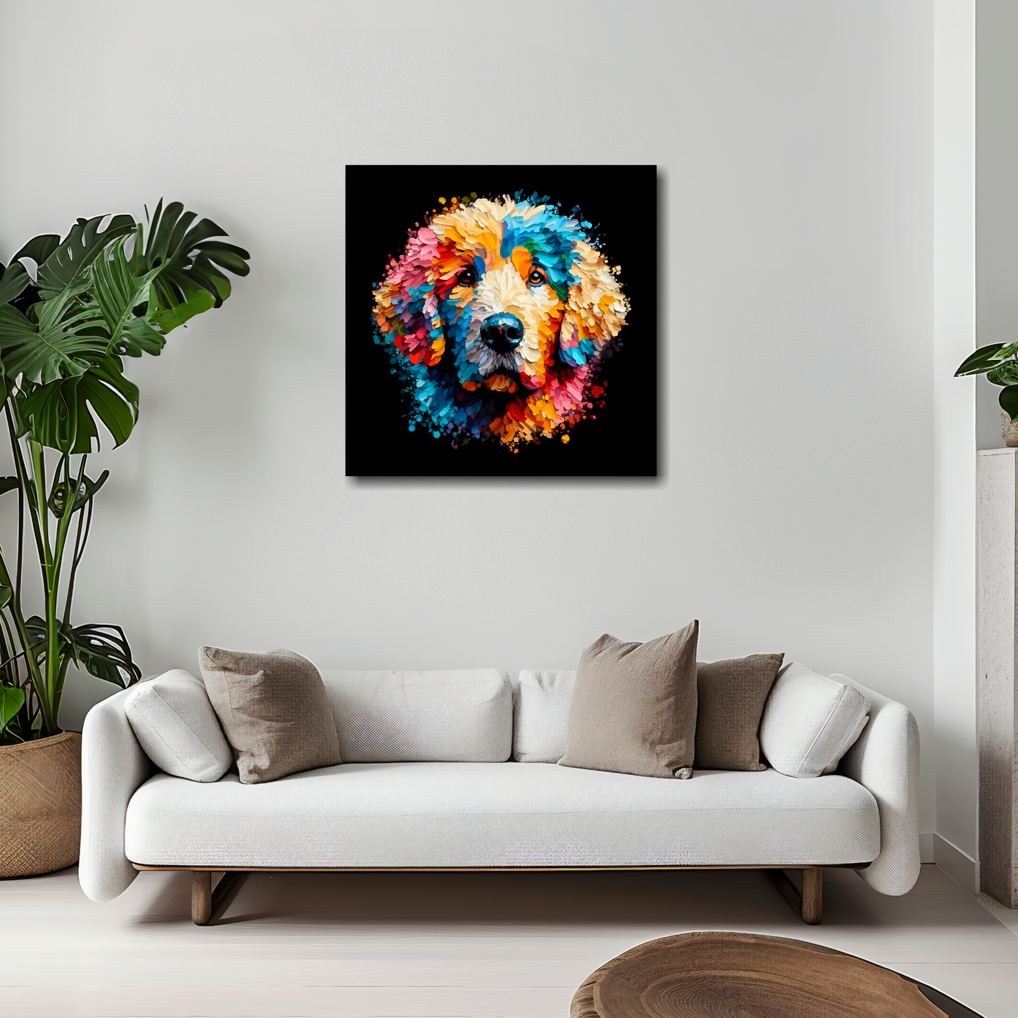 20 inch by 20 inch square canvas of a colourful Curly Coated Retriever Dog head portrait on a black background. Mounted on a white wall above a white sofa with decorative pillows.