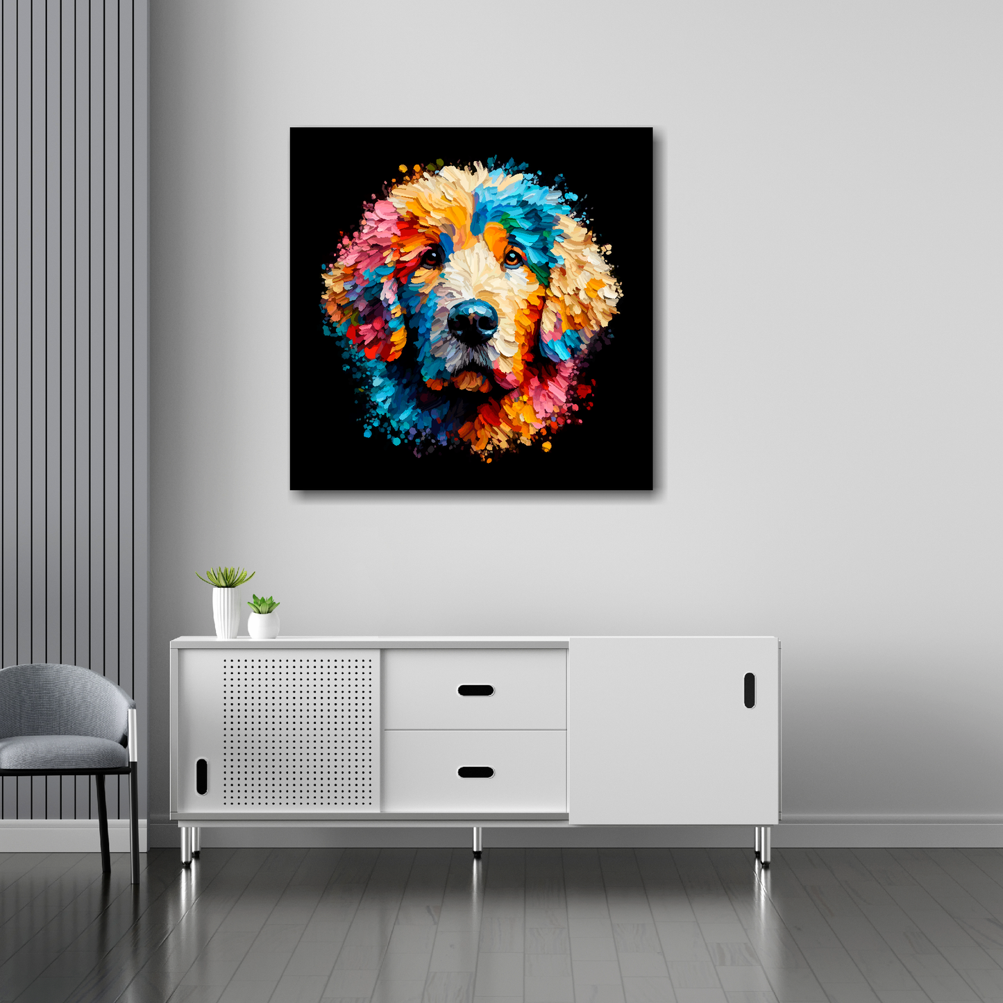 30 inch by 30 inch square canvas of a colourful Curly Coated Retriever Dog head portrait on a black background. Mounted on a white wall above a white sideboard.