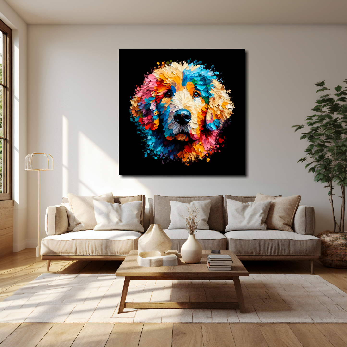 40 inch by 40 inch square canvas of a colourful Curly Coated Retriever Dog head portrait on a black background. Mounted on a white wall above a cream sofa with decorative pillows.