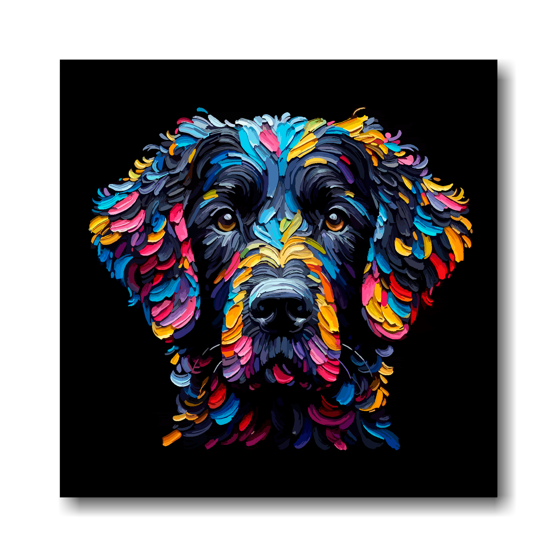 Colourful painting of a Curly Coated Retriever dog's face on a black background.