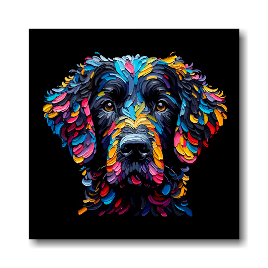 Colourful painting of a Curly Coated Retriever dog's face on a black background.