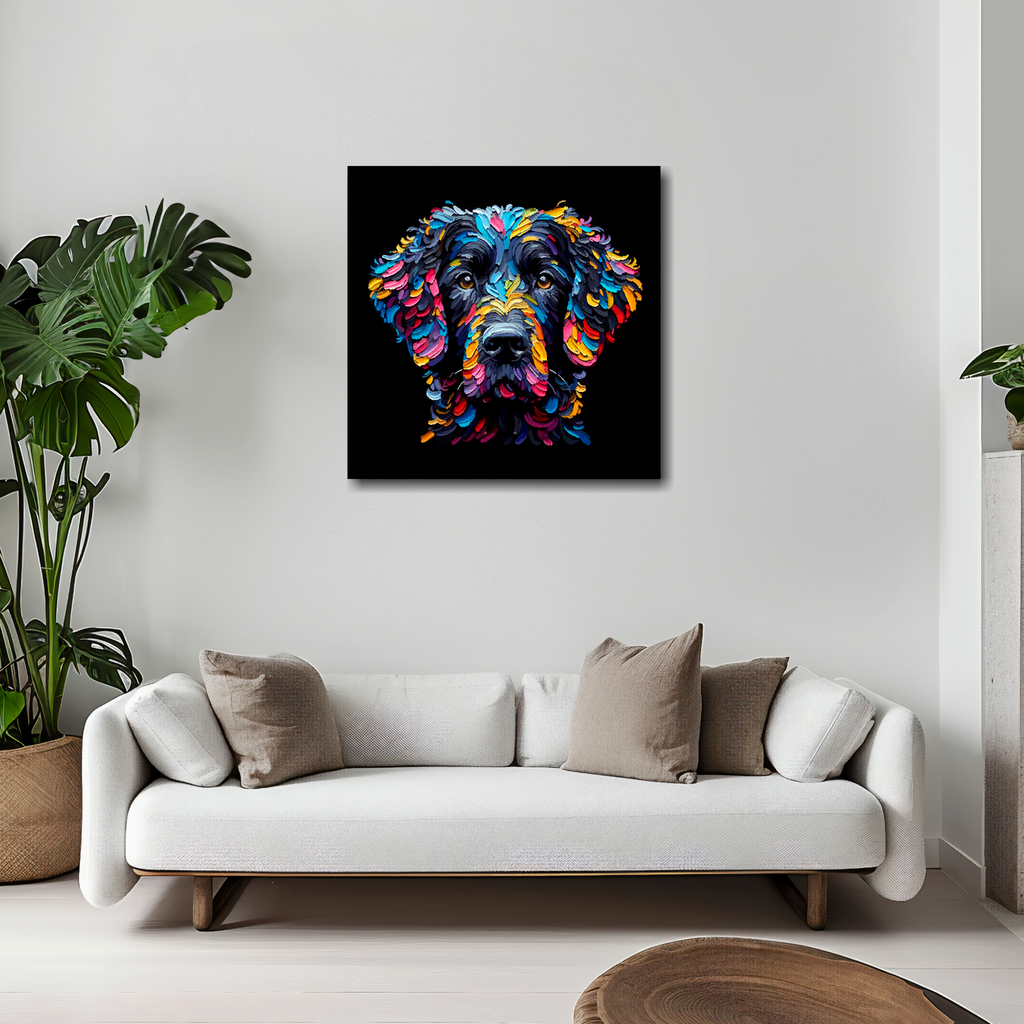 20 inch by 20 inch square canvas featuring a multi-coloured Curly Coated Retriever dog portrait. Mounted on a white wall above a white sofa with decorative pillows.