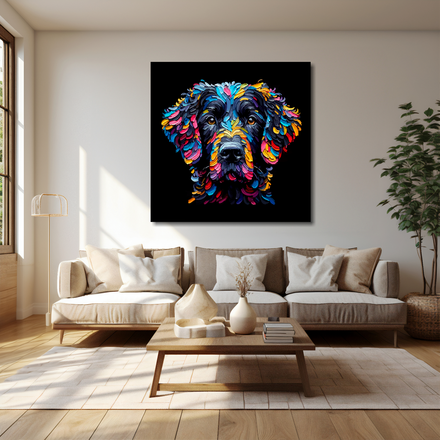 40 inch by 40 inch square canvas featuring a multi-coloured Curly Coated Retriever dog portrait. Mounted on a cream wall above a cream sofa with decorative pillows.