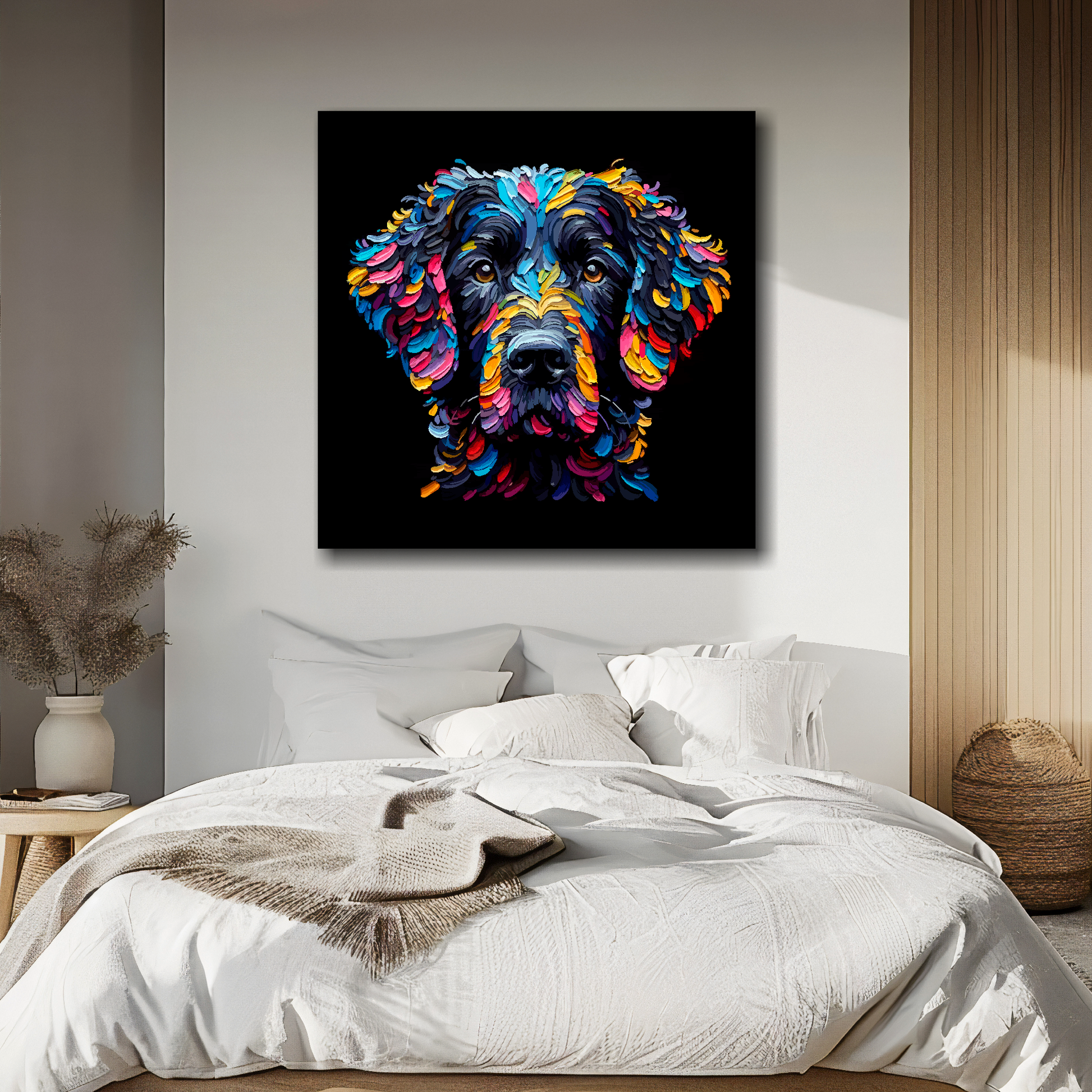 Square canvas featuring a multi-coloured Curly Coated Retriever dog portrait. Mounted on a white wall above a double bed.
