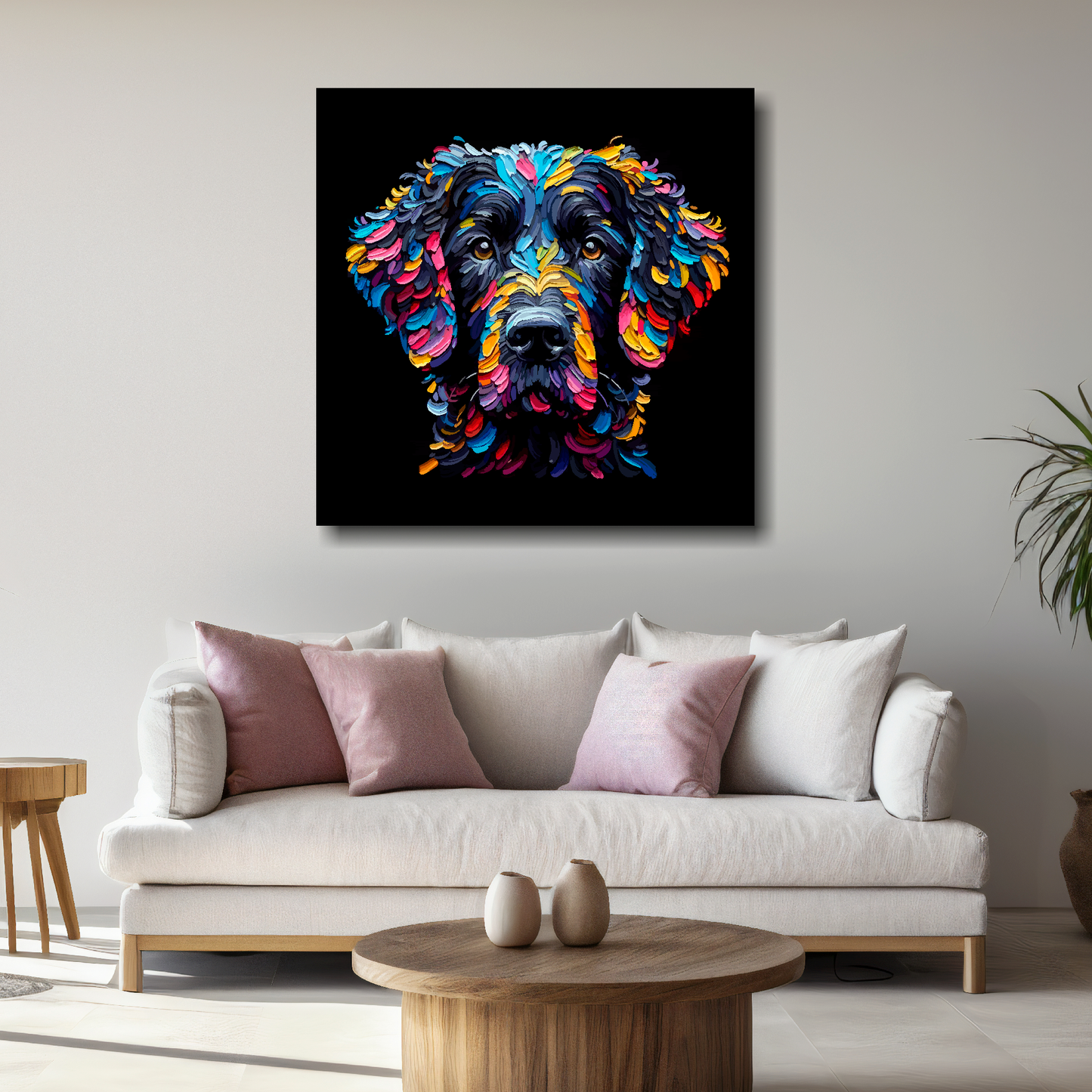 Large canvas featuring a multi-coloured Curly Coated Retriever dog portrait. Mounted on a white wall above a white sofa with decorative pillows.