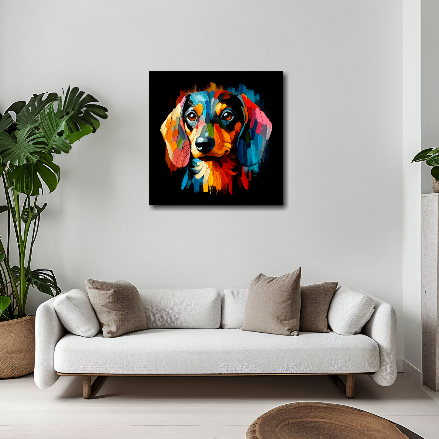 20 inch by 20 inch square canvas of a colourful Dachshund Dog head portrait on a black background. Mounted on a white wall above a white sofa with decorative pillows.
