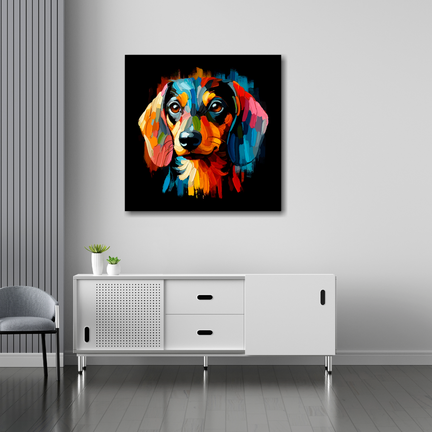 30 inch by 30 inch square canvas of a colourful Dachshund Dog head portrait on a black background. Mounted on a white wall above a white sideboard.