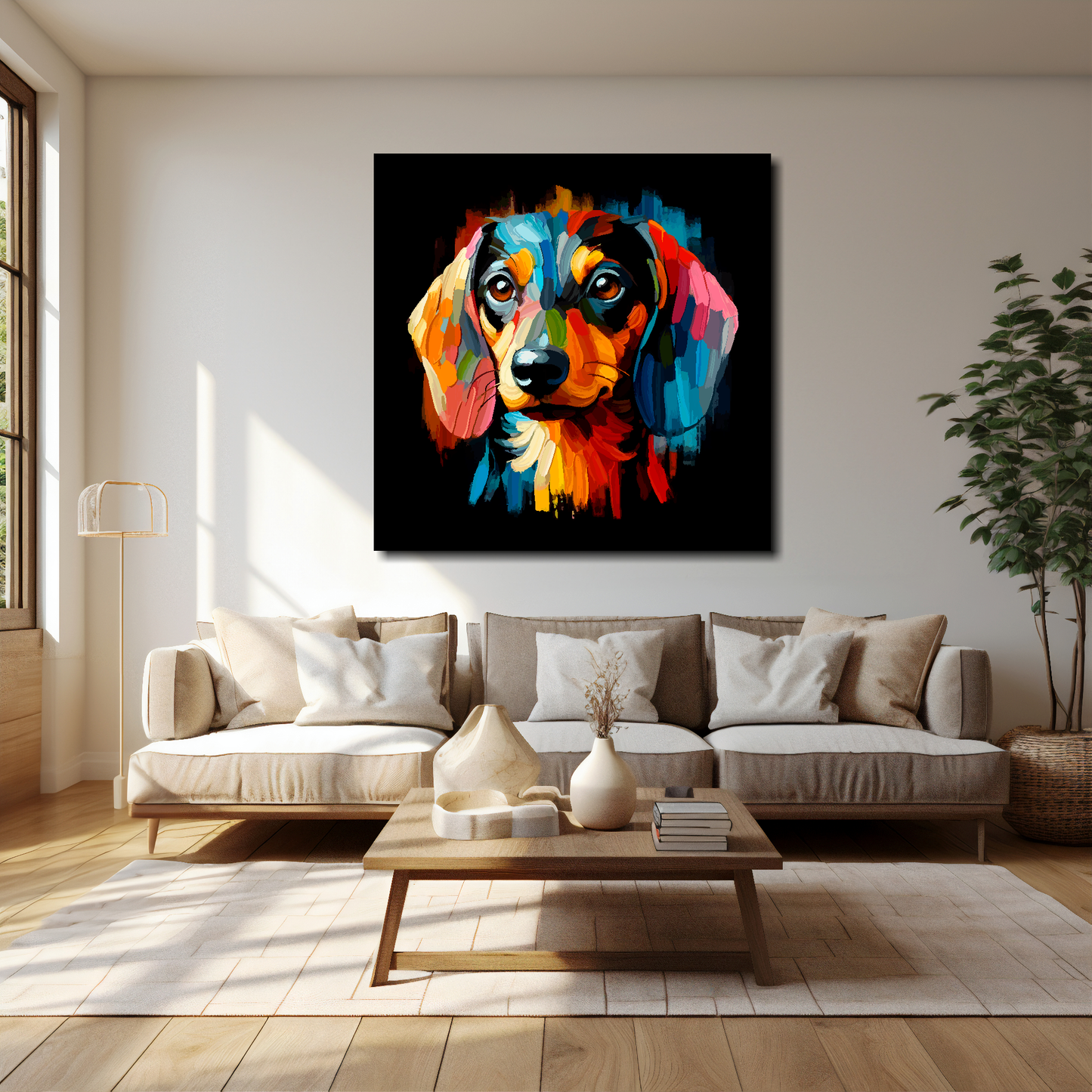 40 inch by 40 inch square canvas of a colourful Dachshund Dog head portrait on a black background. Mounted on a white wall above a cream sofa with decorative pillows.