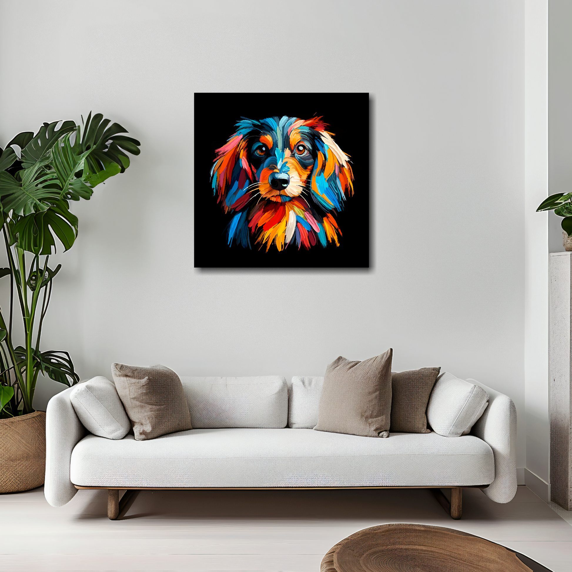 20 inch by 20 inch square canvas of a colourful Longhair Dachshund Dog head portrait on a black background. Mounted on a white wall above a white sofa with decorative pillows.