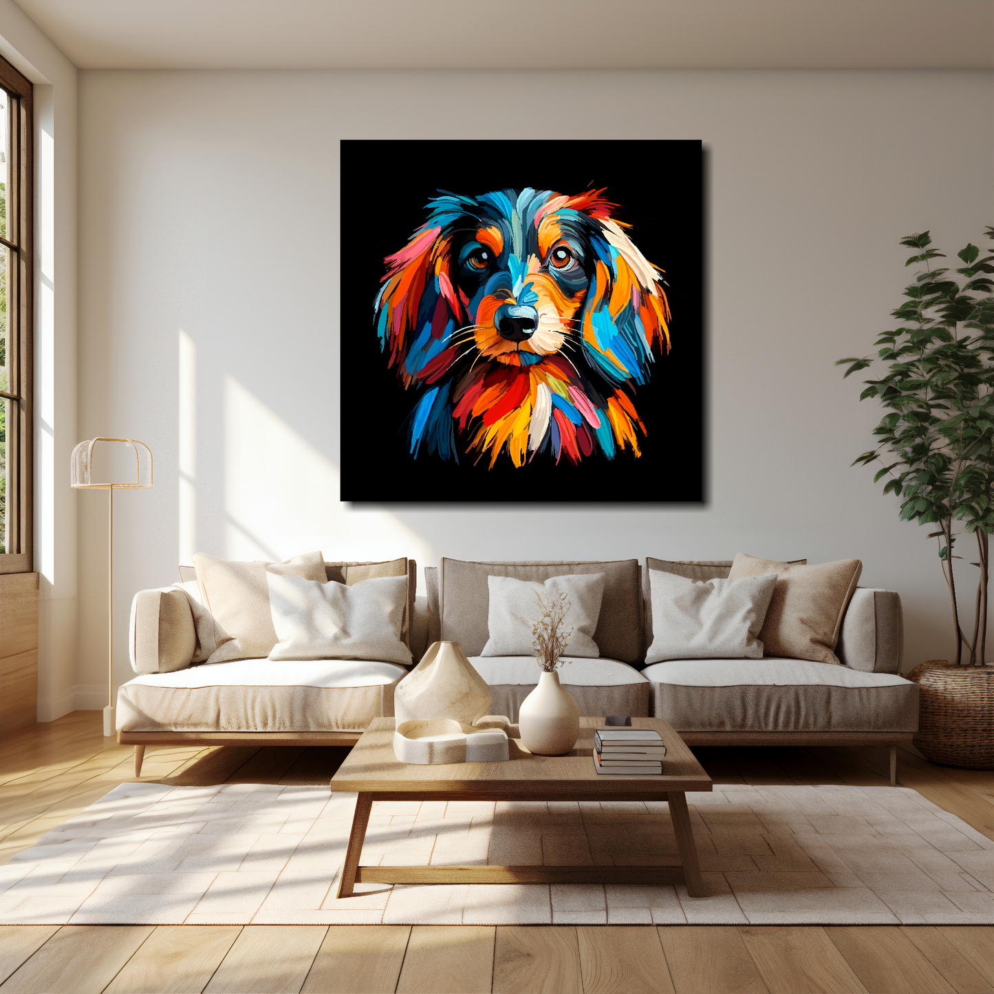 40 inch by 40 inch square canvas of a colourful Longhair Dachshund Dog head portrait on a black background. Mounted on a white wall above a cream sofa with decorative pillows.