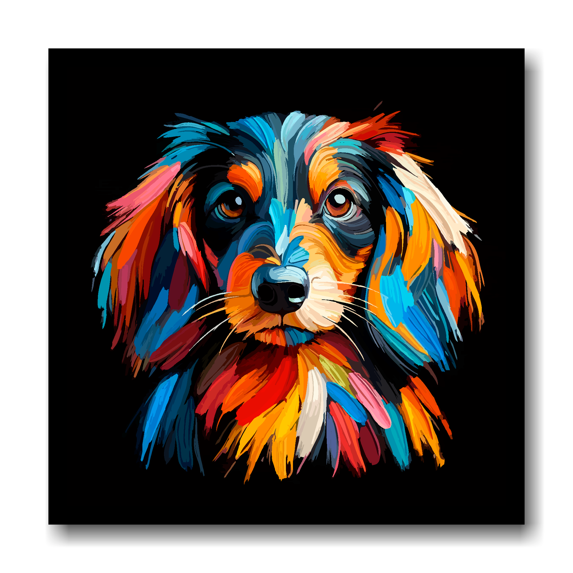 Large canvas wall art - A vibrant multi-coloured head portrait of a Dachshund Longhaired. Available in 3 large sizes.