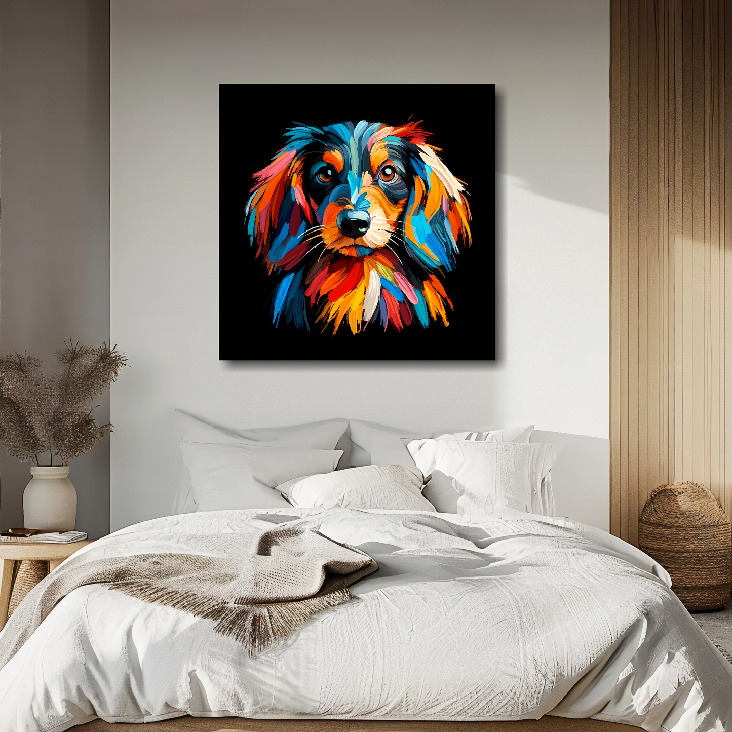 Large canvas wall art - A vibrant multi-coloured head portrait of a Dachshund Longhaired. Available in 3 large sizes.