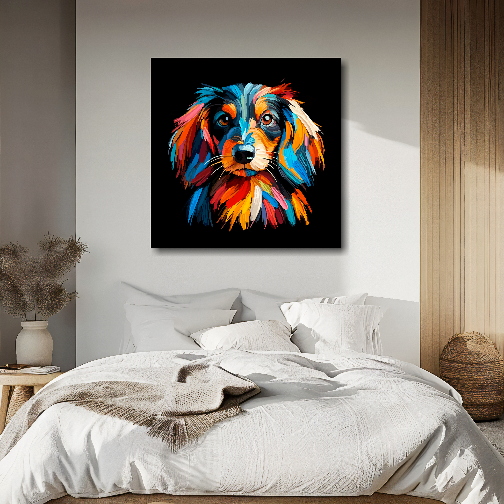Large canvas wall art - A vibrant multi-coloured head portrait of a Dachshund Longhaired. Available in 3 large sizes.
