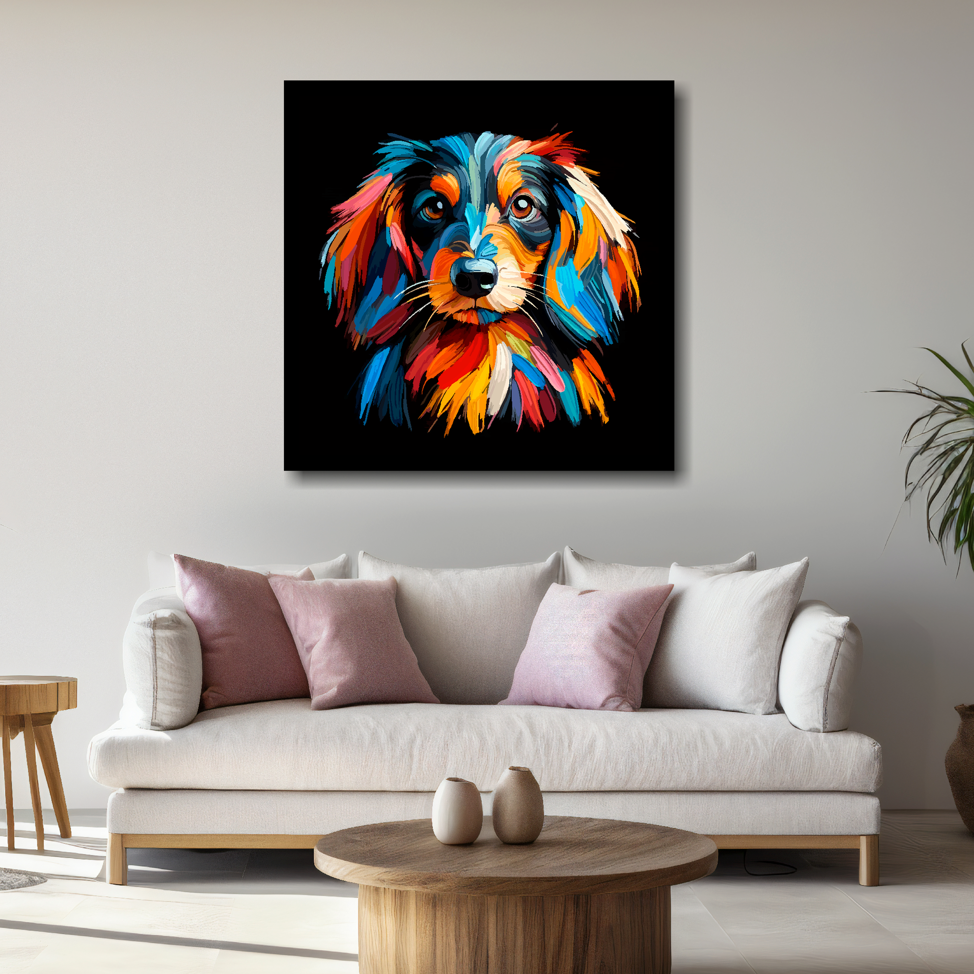 Large canvas wall art - A vibrant multi-coloured head portrait of a Dachshund Longhaired. Available in 3 large sizes.