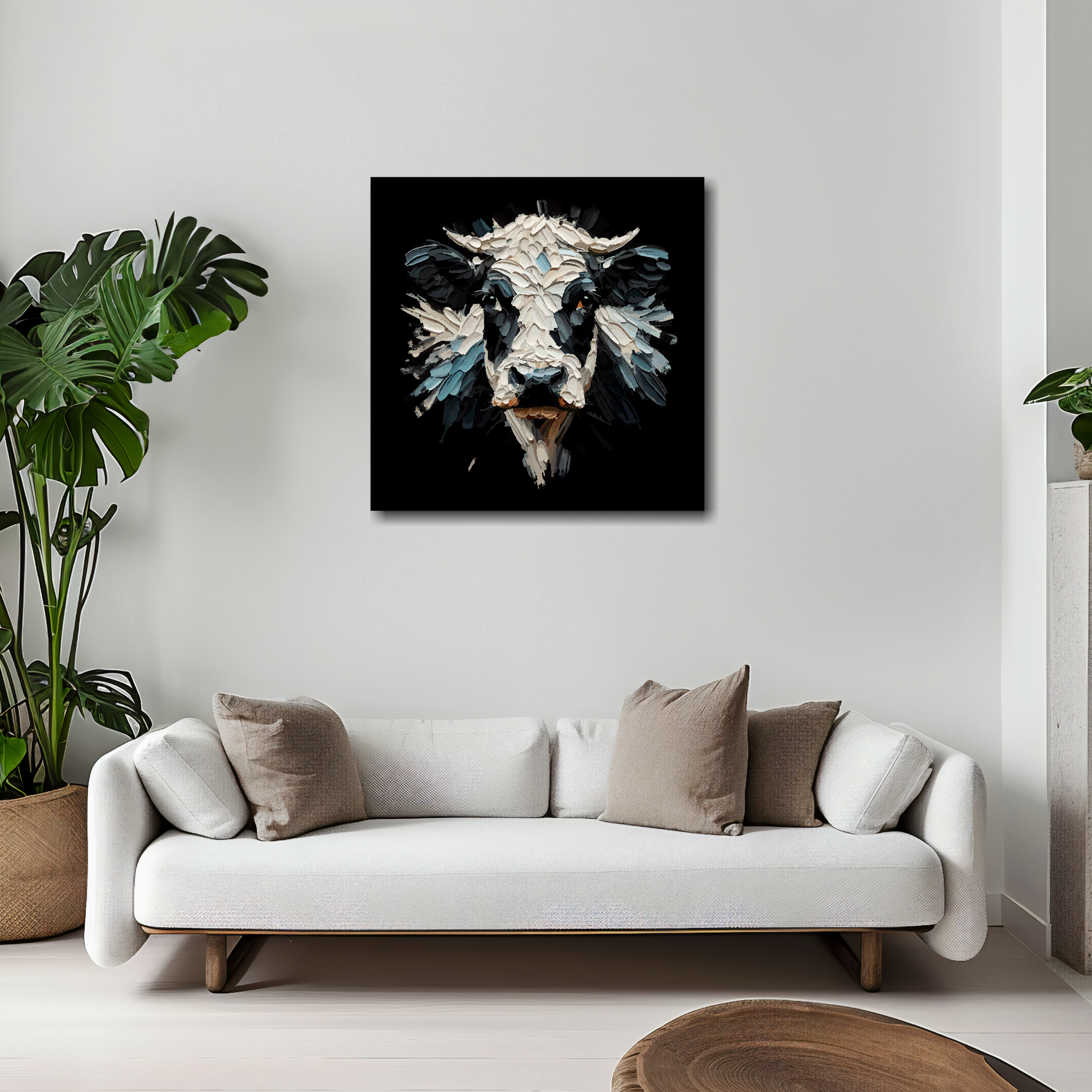20 inch by 20 inch square canvas of a Dairy Cow head portrait on a black background. Mounted on a white wall above a white sofa with decorative pillows.
