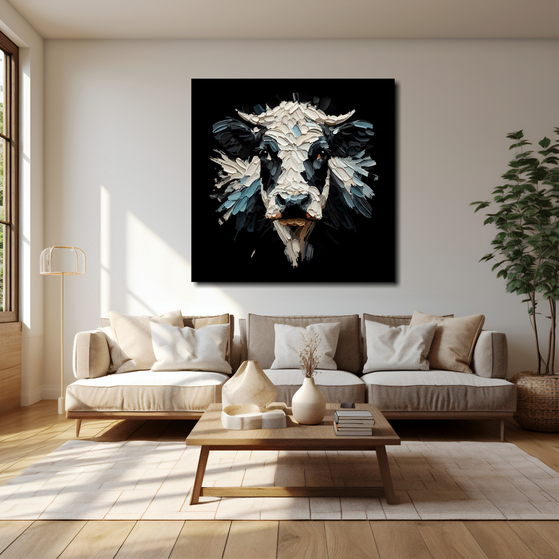 40 inch by 40 inch square canvas of a Dairy Cow head portrait on a black background. Mounted on a white wall above a cream sofa with decorative pillows.