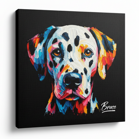 Colourful Dalmatian dog portrait canvas print - UK made personlised pet wall art black background