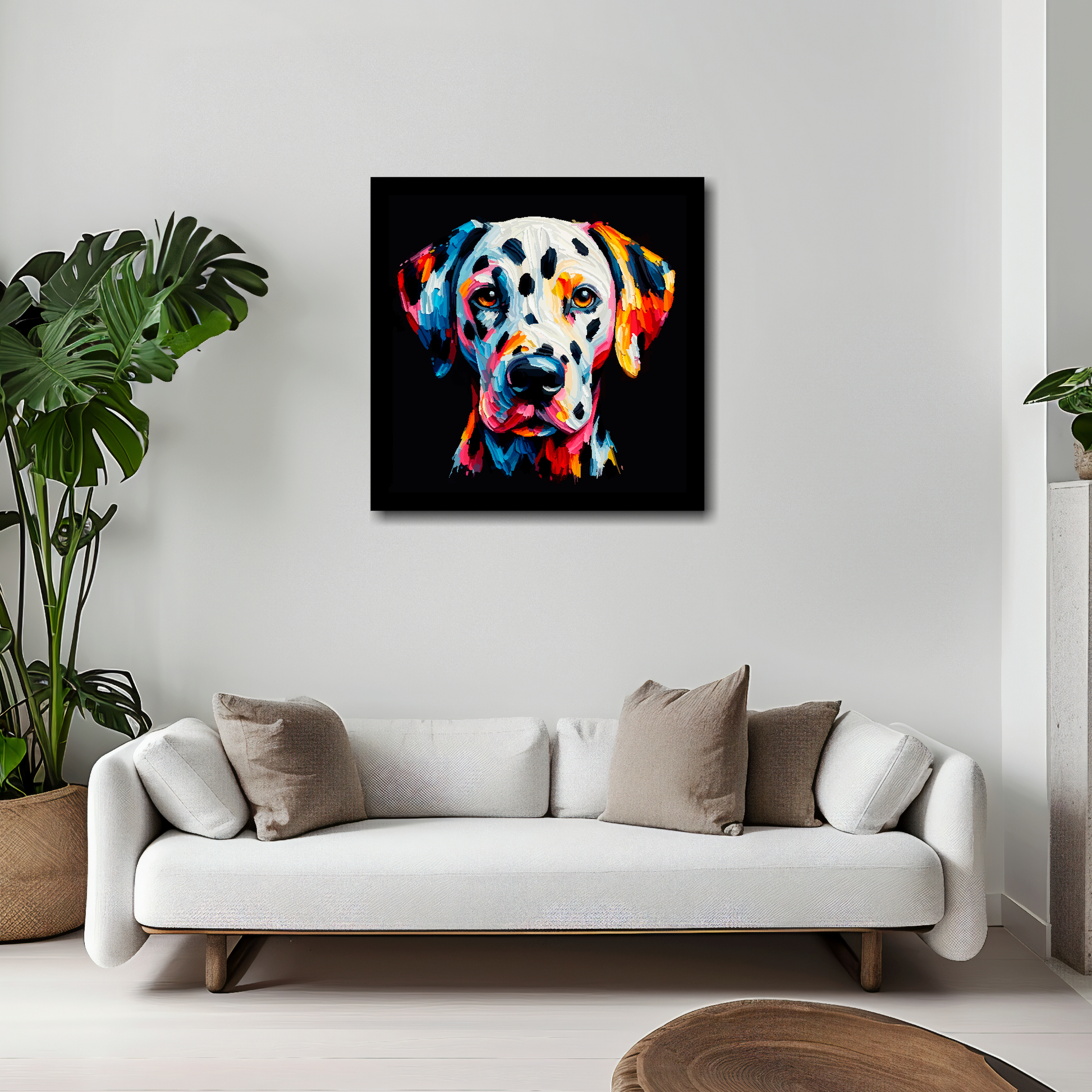 20 inch by 20 inch square canvas of a colourful Dalmatian Dog head portrait on a black background. Mounted on a white wall above a white sofa with decorative pillows.