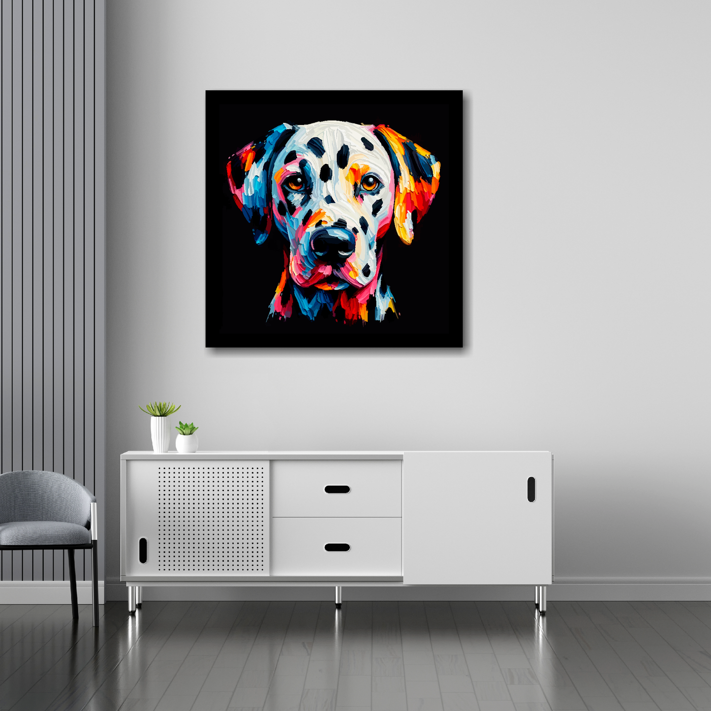 30 inch by 30 inch square canvas of a colourful Dalmatian Dog head portrait on a black background. Mounted on a white wall above a white sideboard.