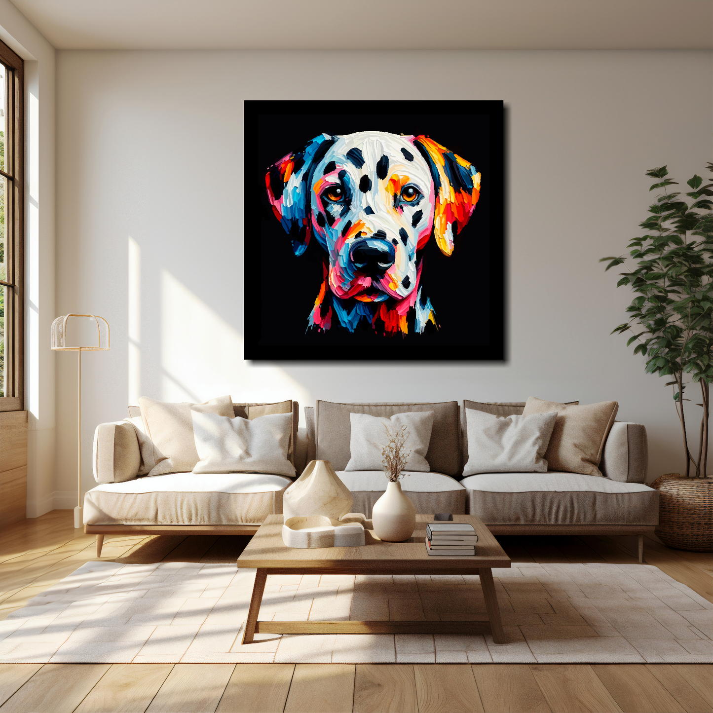 40 inch by 40 inch square canvas of a colourful Dalmatian Dog head portrait on a black background. Mounted on a white wall above a cream sofa with decorative pillows.