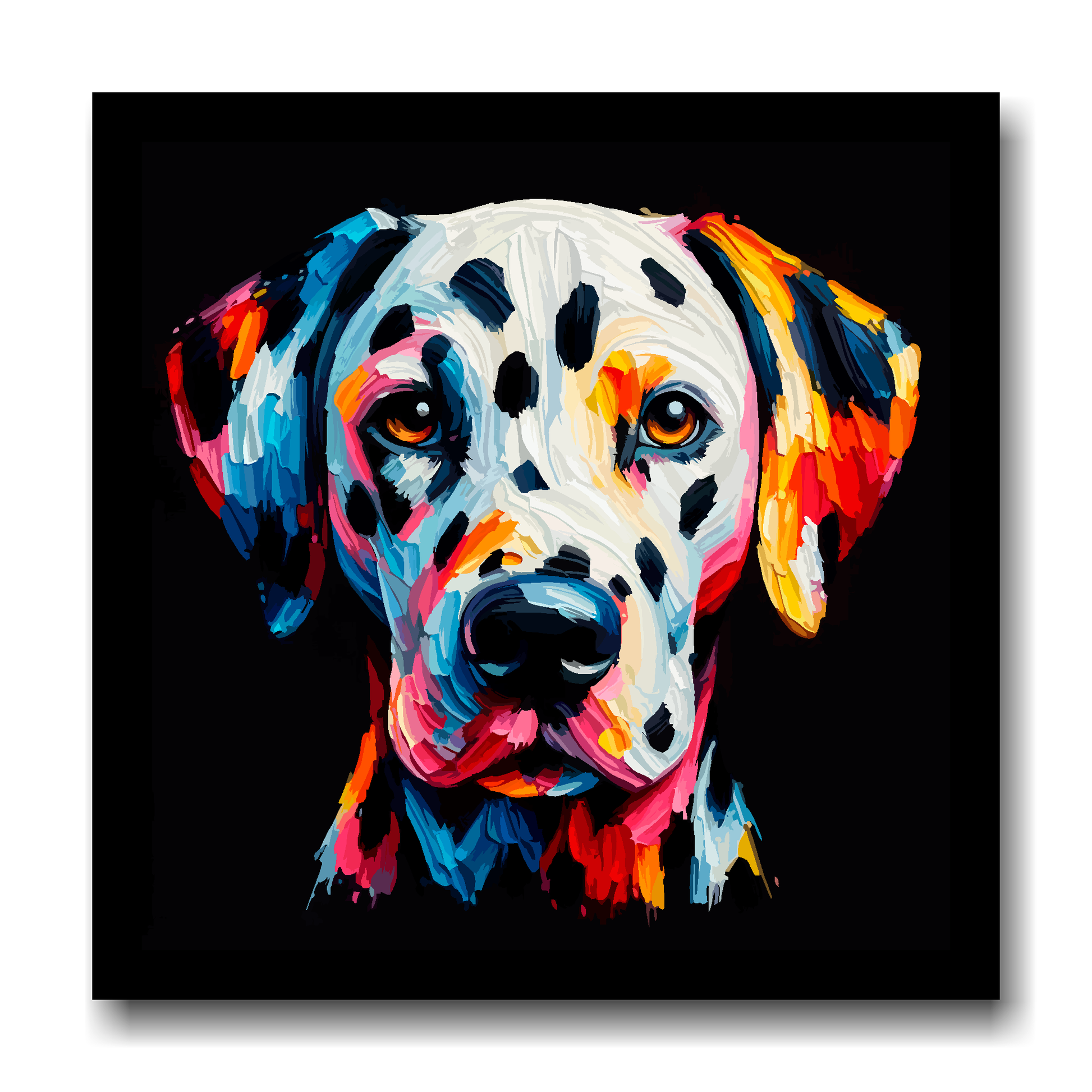 Large canvas wall art - A vibrant multi-coloured head portrait of a Dalmatian. Available in 3 large sizes.