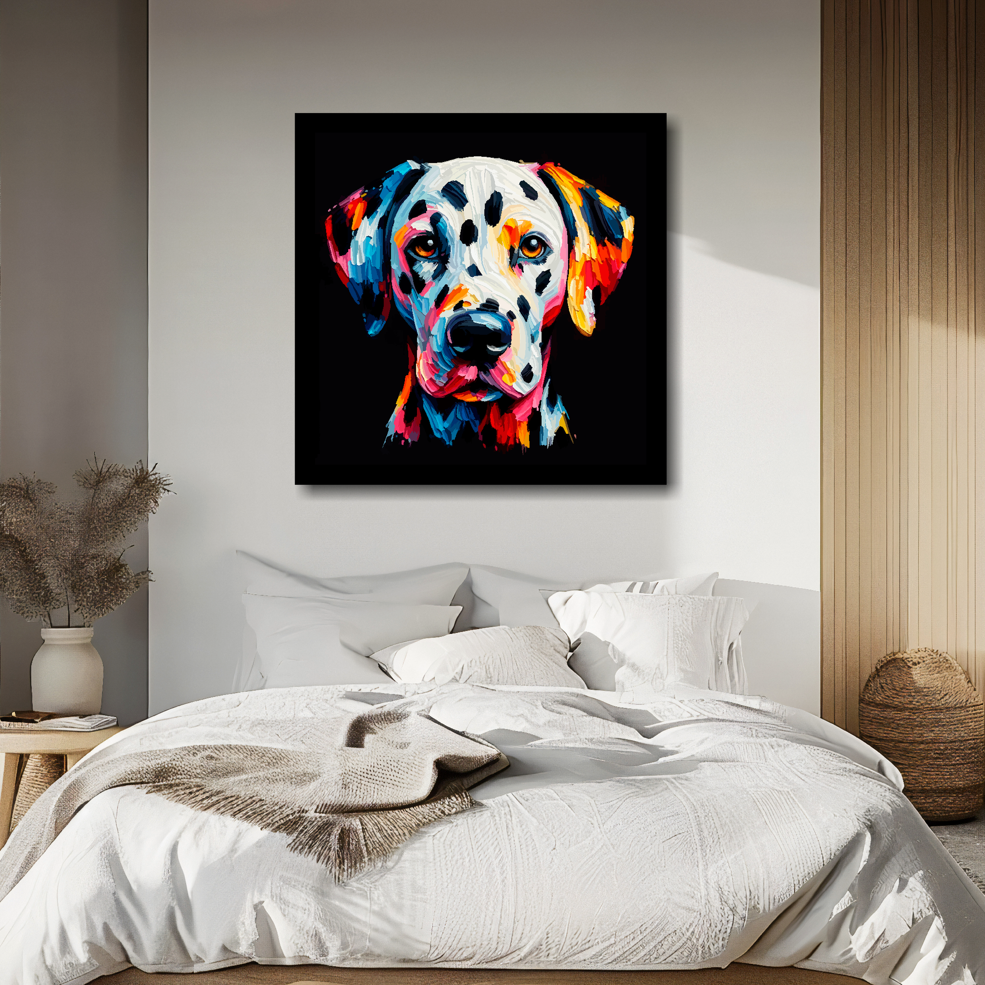 Large canvas wall art - A vibrant multi-coloured head portrait of a Dalmatian. Available in 3 large sizes.