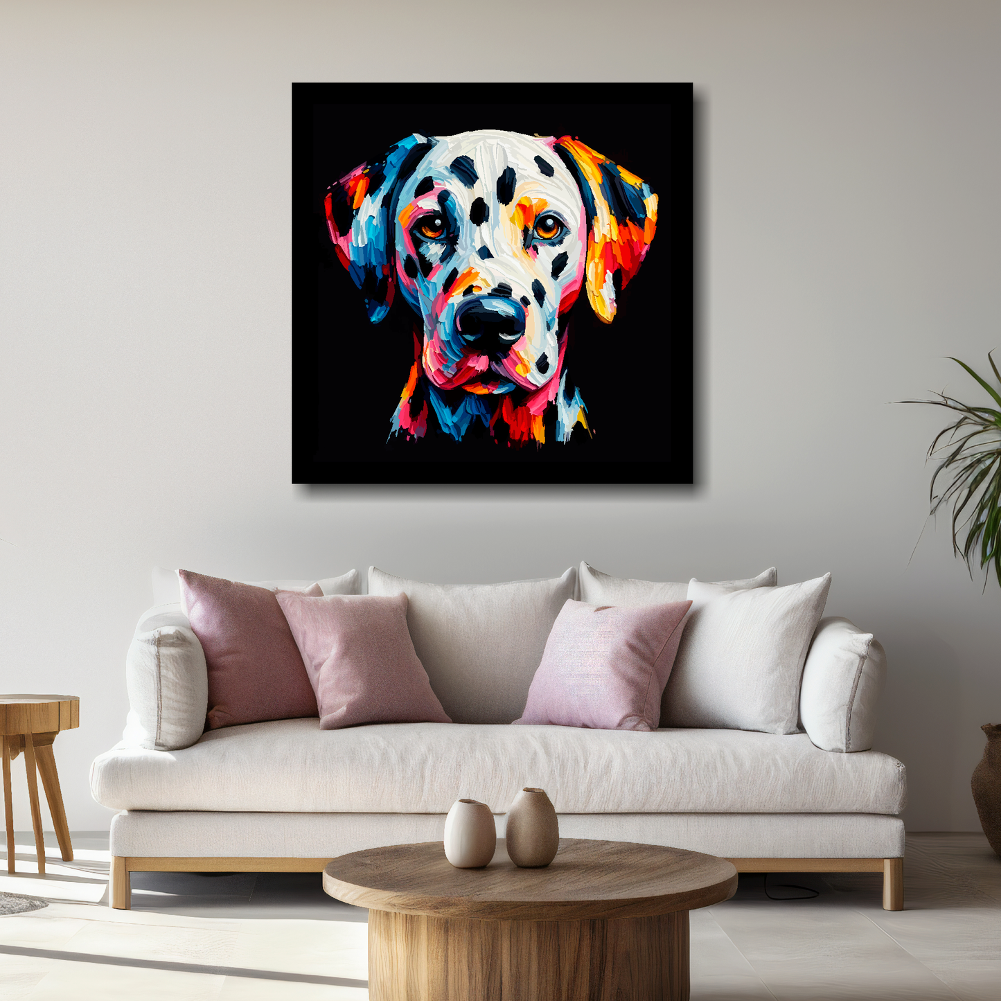 Large canvas wall art - A vibrant multi-coloured head portrait of a Dalmatian. Available in 3 large sizes.