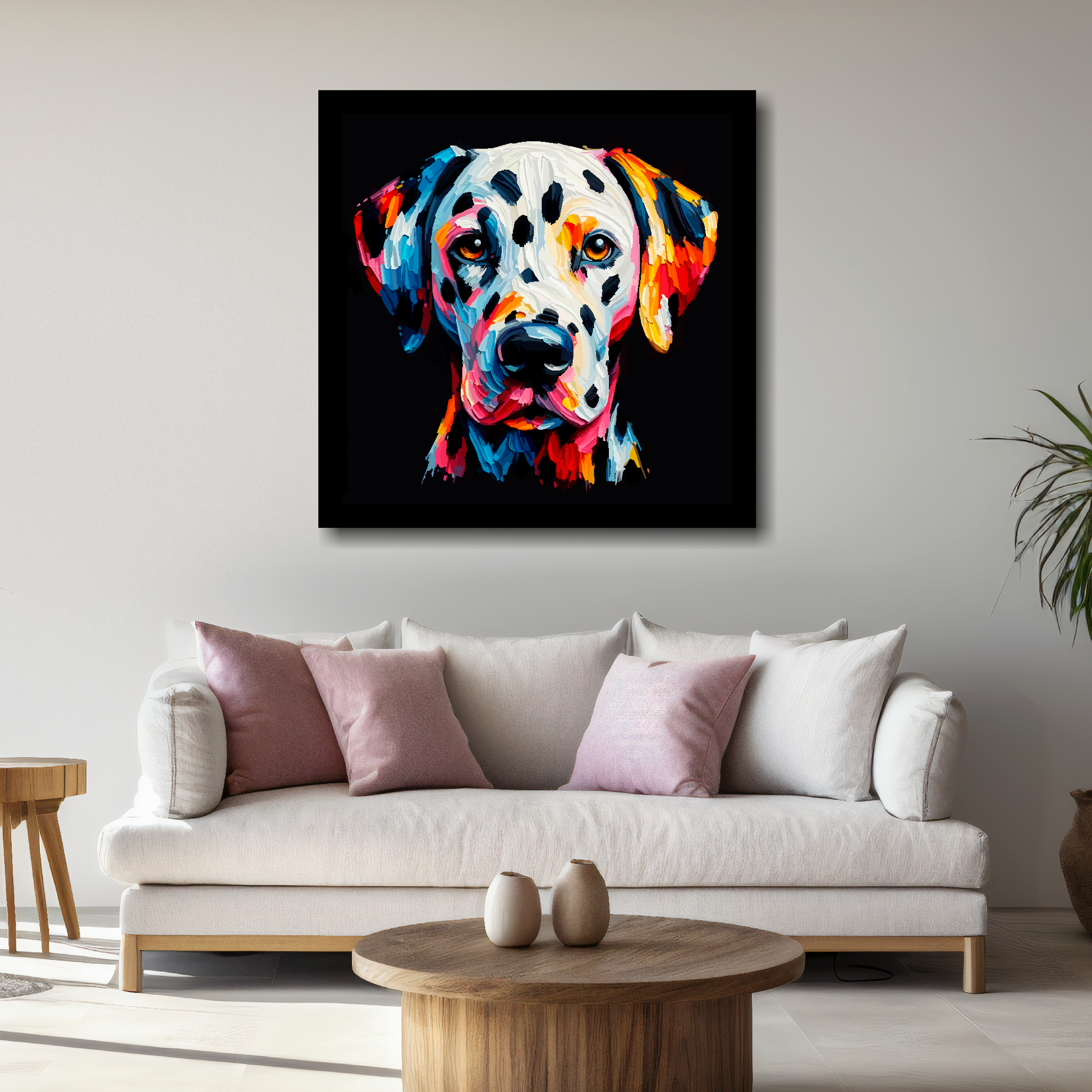 Large canvas wall art - A vibrant multi-coloured head portrait of a Dalmatian. Available in 3 large sizes.
