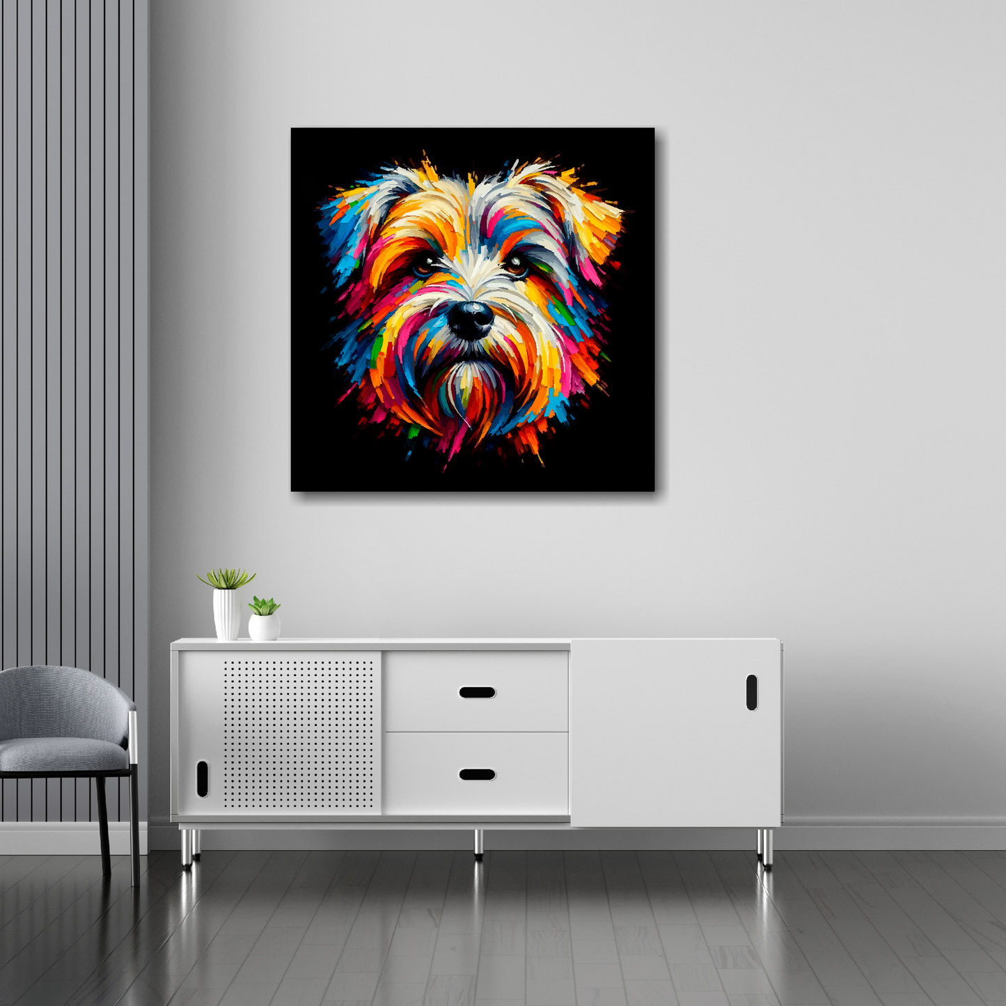 30 inch by 30 inch square canvas featuring a multi-coloured Dandie Dinmont Terrier portrait. Mounted on a white wall above a white sideboard.