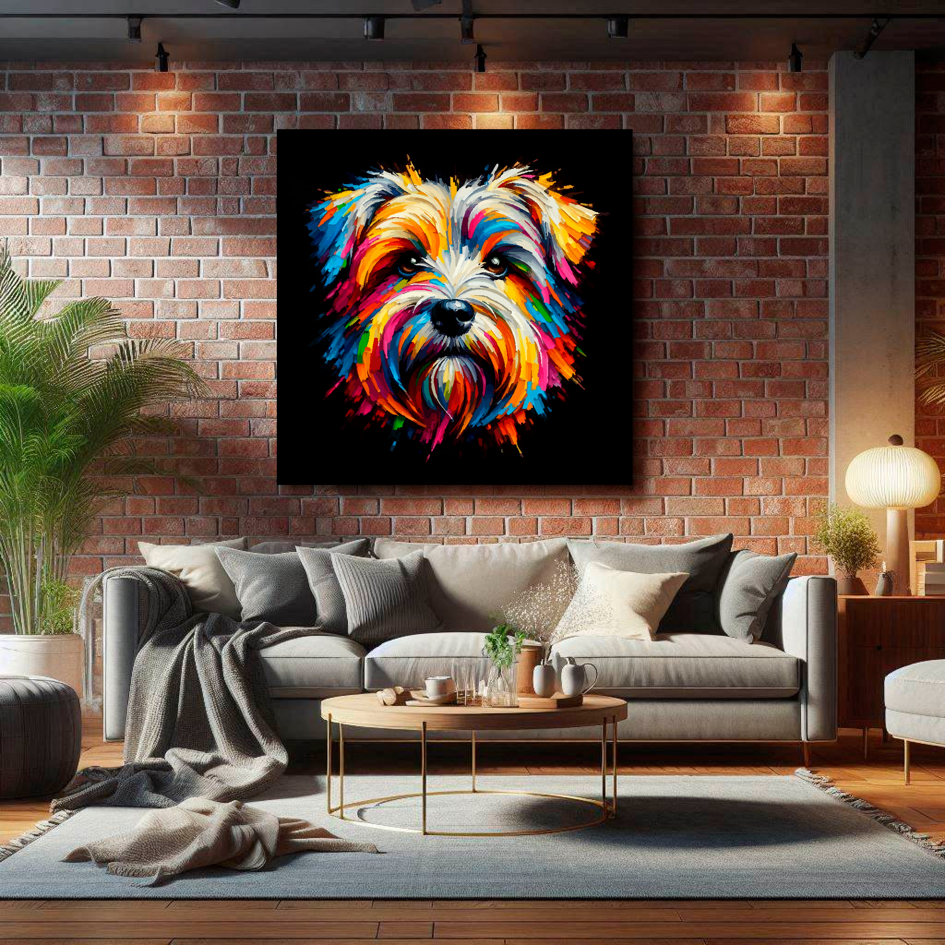 Large square canvas featuring a multi-coloured Dandie Dinmont Terrier portrait. Mounted on a brick wall above a grey sofa with decorative pillows.