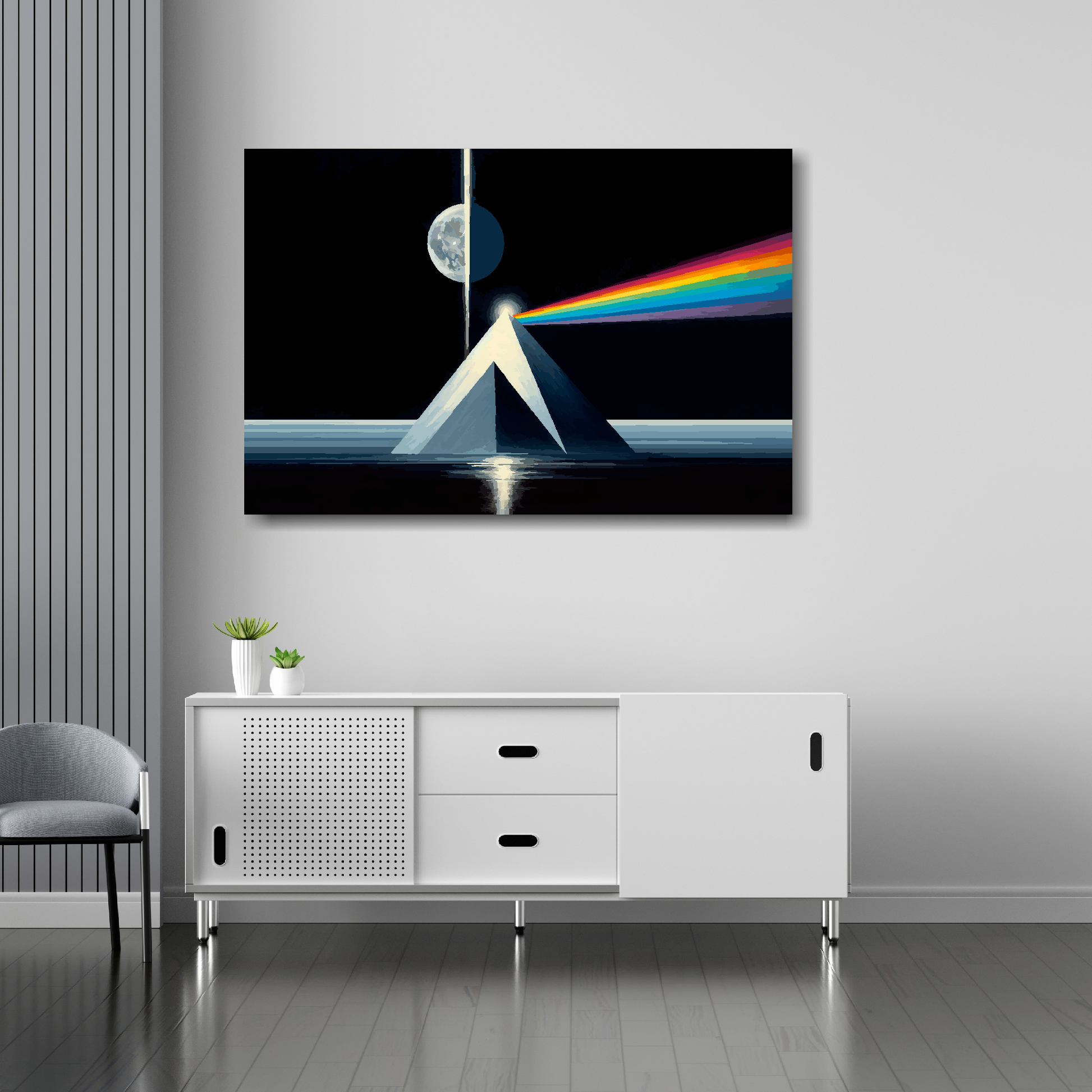 Dark side of the moon canvas 36x24 inches above sideboard - large colourful space art UK made
