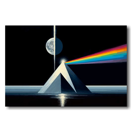 Futuristic landscape with pyramid, rainbow, and moon on a black background