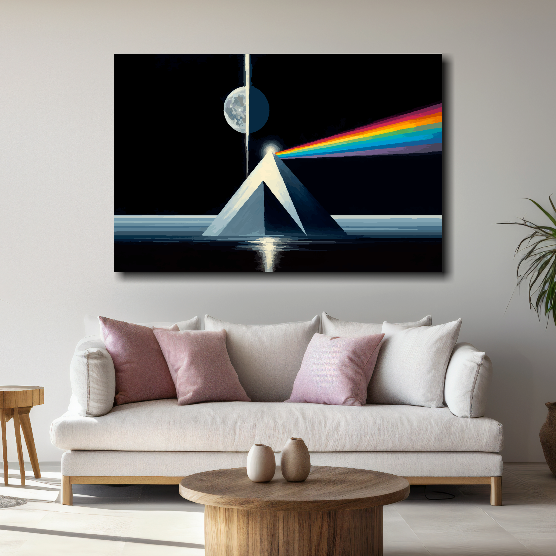 Modern living room with a large abstract canvas on the wall above a sofa.