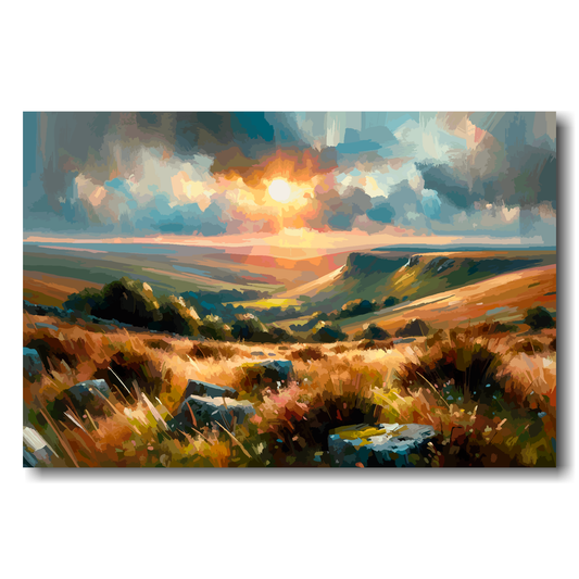 Painting of a landscape with a sunset over rolling hills and fields.